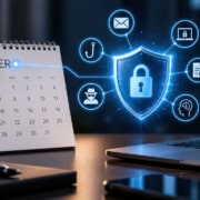 A professional, high-resolution image featuring an October calendar icon paired with a digital shield and lock on a computer screen, symbolizing effective Cybersecurity Awareness Month training.