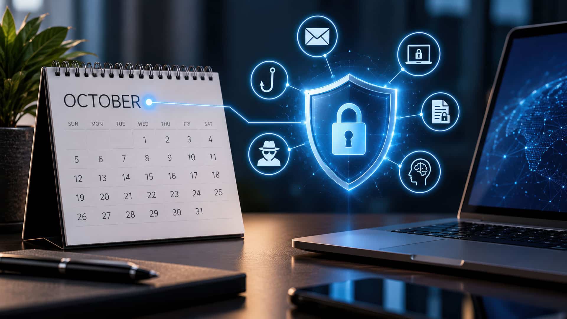 A professional, high-resolution image featuring an October calendar icon paired with a digital shield and lock on a computer screen, symbolizing effective Cybersecurity Awareness Month training.